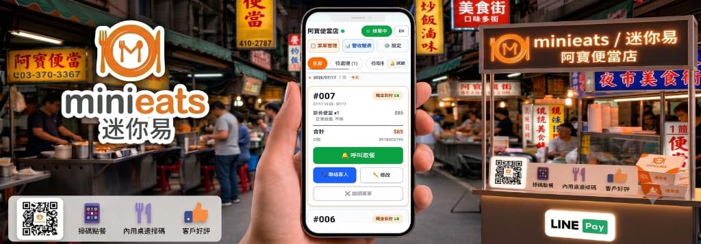 MiniEats 夜市點餐示意:掃碼點餐、後台接單